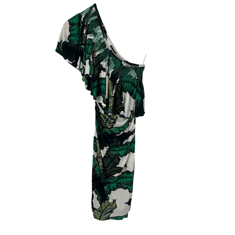 Tracy Reese One Shoulder Dress Green Leaf‎ Print Ruffle Detail XS